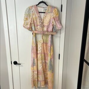 Hale Bob Ruched Ruffled Pink and Orange Maxi Sundress